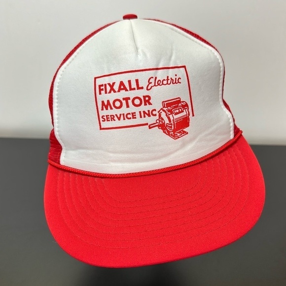 Vtg Nissin Red White Cap Trucker Hat Snap Back Fix All Electric Motor Service - Picture 11 of 11